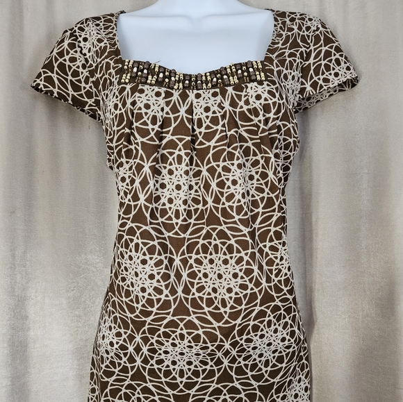 NWOT LOFT brown & cream geometric print beaded blouse top Womens Medium - Picture 4 of 8